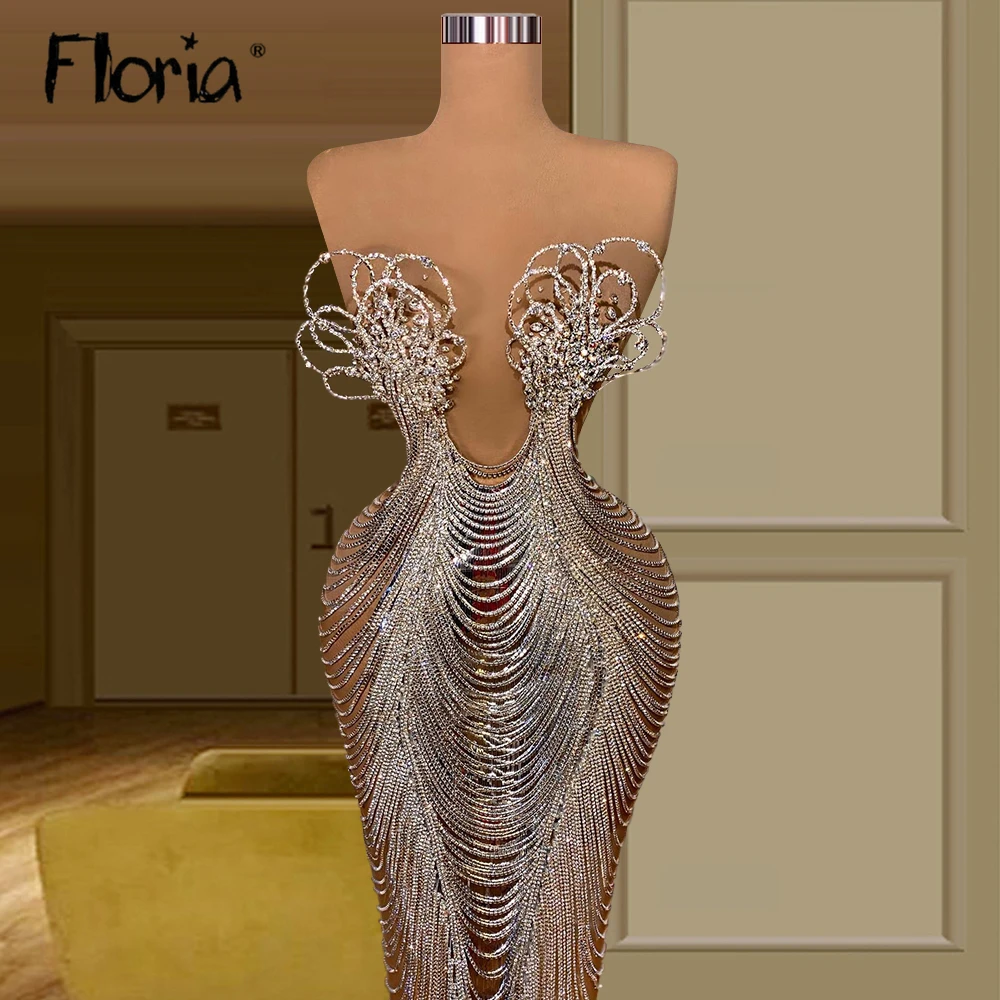 Floria Fashion Strapless Mermaid Luxe Diamanten Kwastje Avondjurk Voor 2023 Pegant Formele Prom Partij Jassen Custom Made