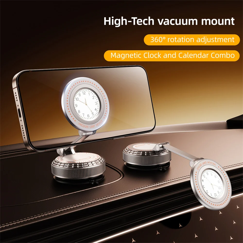 

Car Mount Vacuum Magnetic Holder with Clock Foldable Strong Suction Stand For iPhone 17 16 15 14 13 12 11 ProMax Live Streaming