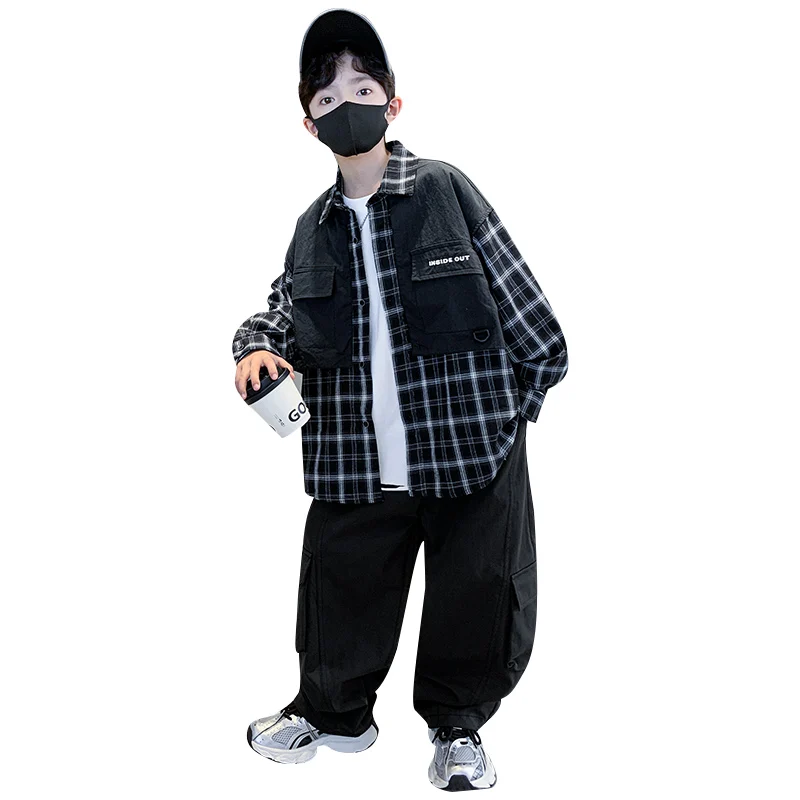 Boys' Street Style Plaid Shirt Set, Fashion Checked Long Sleeve Shirt Loose Cargo Pants 2 Pcs Set, Hip Hop Casual Wear for Kids