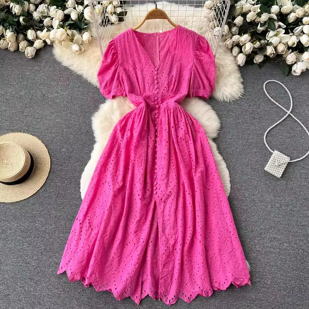 

2025 New Summer Waist V-neck Short-sleeved Summer Dress Bohemian Hollow Embroidery Midi Dresses Loose Casual Beach Dress