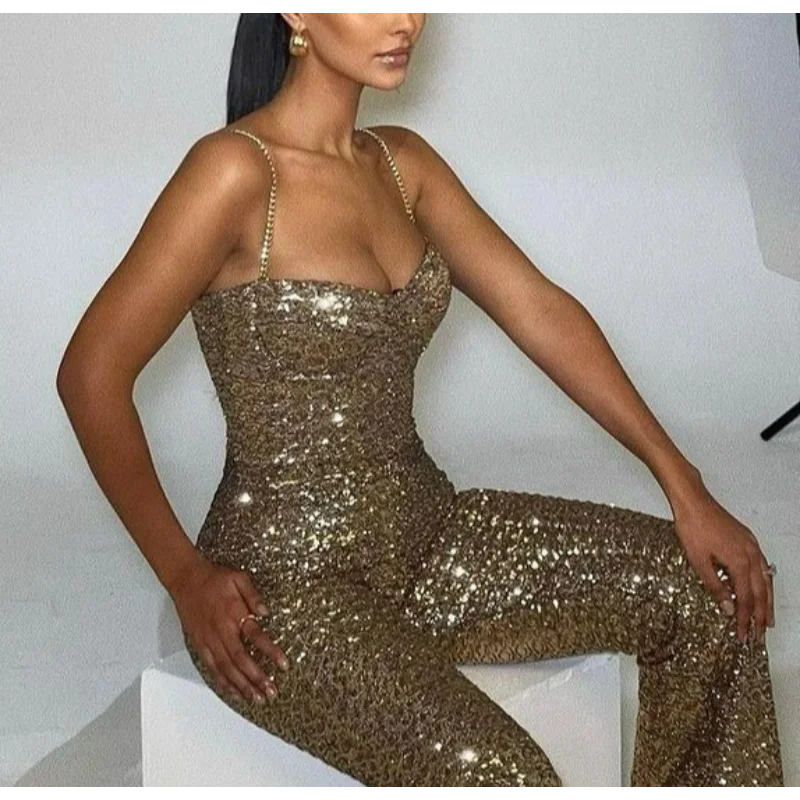 Tuta da donna con bretelle con paillettes Hot Heavy Industry Sparkling Gold Fashion Ladies Party Banquet Outfit a vita alta dritto