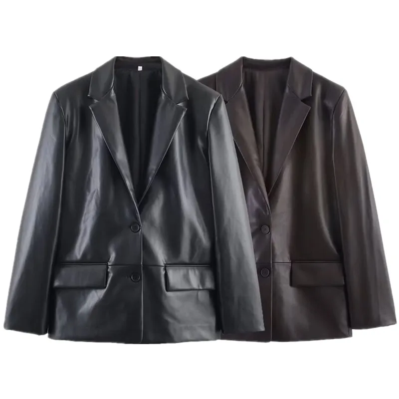 Autunno 2025 Abito effetto in pelle dritta allentata delle nuove donne Jaet Faionable Long Sve PU Leather Or Capispalla