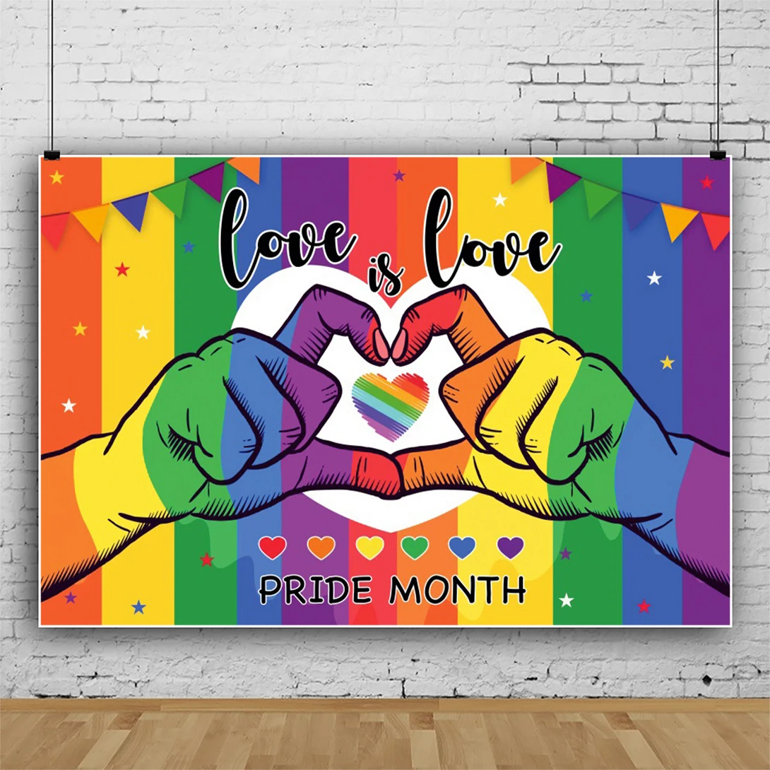 Laeacco Love is Love LGBT Rainbow Pride Month Backdrop Hands Making Heart Gay Lesbian Party Decor Portrait Photography Backgroun