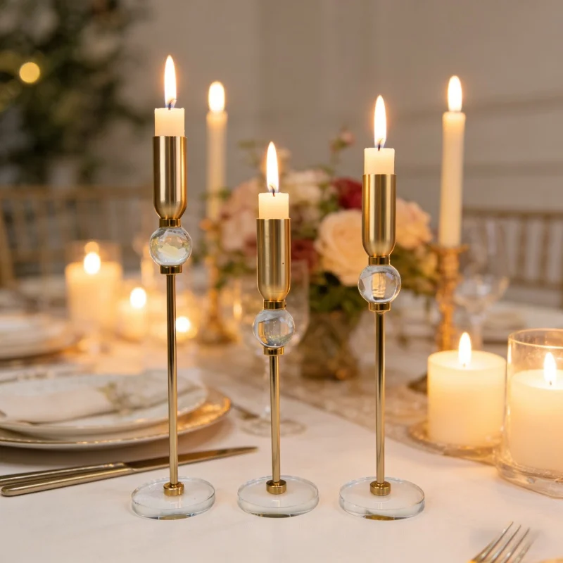 3Pcs Gold Crystal Taper Candle Holders - Modern Metal Candlestick Set with Clear Base for Light Luxury Home Wedding Centerpiece