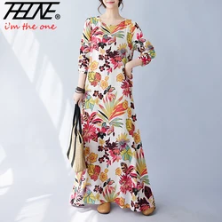Dresses for Women 2023 Autumn Winter Floral Maxi O Neck O Neck Print Cotton Linen Vestido Feminino Robe Ropa De Mujer Vintage