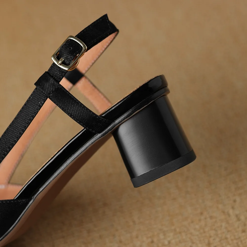 【JOCHEBED HU】Brand Genuine Leather Shoes Block Medium Heel Square Buckle Slingback Pumps Women Designer 34-42