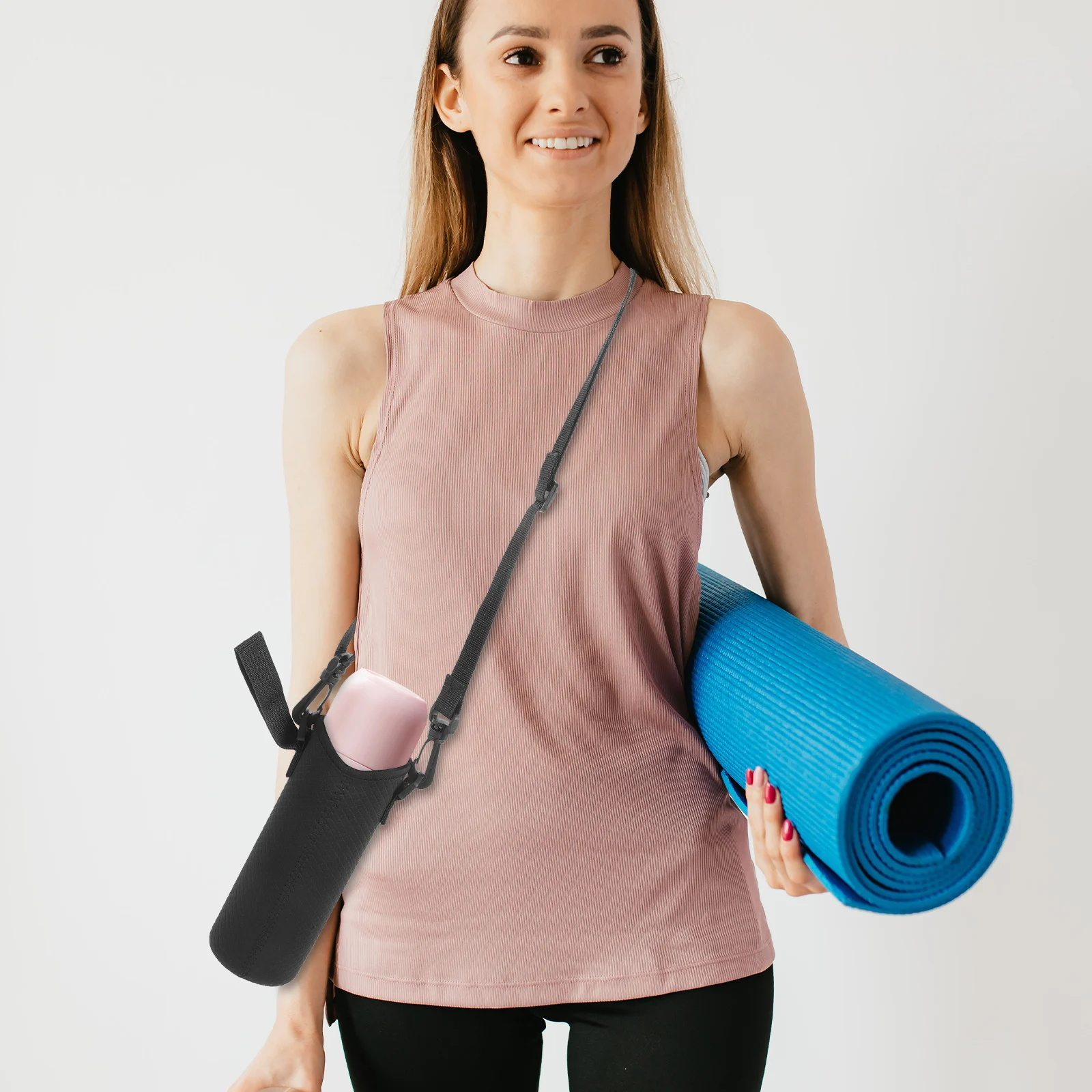 

Insulated Water Bottle Cover Black Portable Tumbler Cup Holder Adjustable Strap Travel Outdoor Camping
