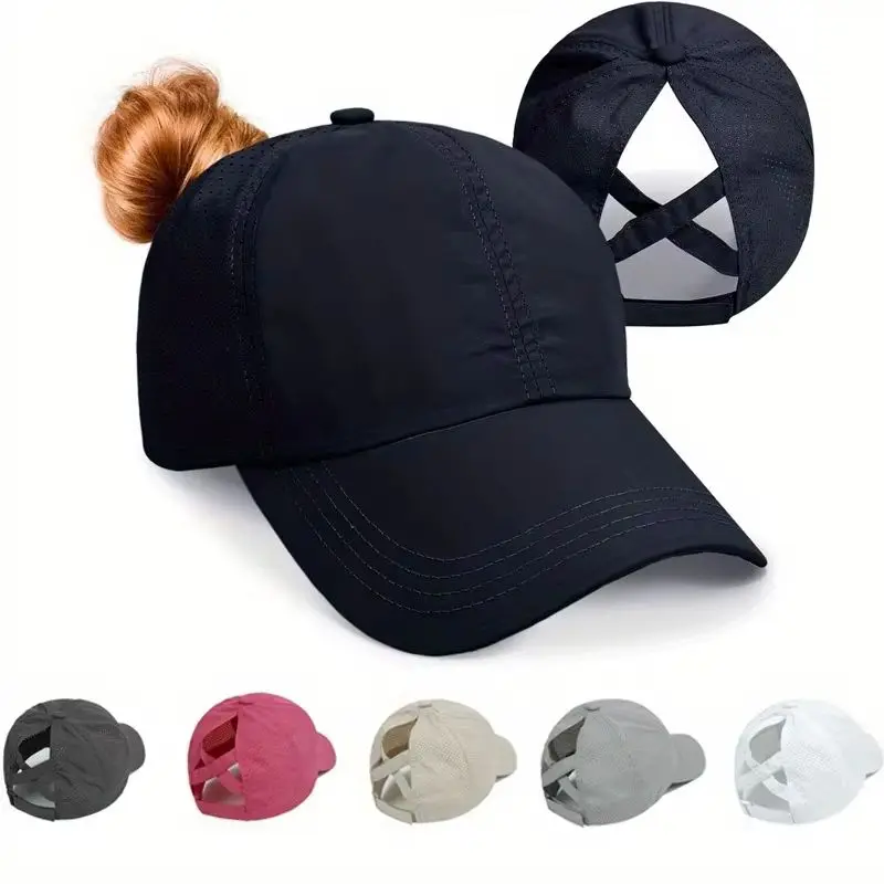 Summer Solid Color Baseball Cap Women's Athleisure Cross Ponytail Hat Mesh Quick-Drying Cap Visor Hat