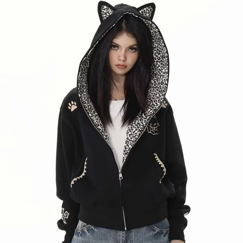 

Толстовка с леопардовым принтом в стиле ретро, американский демон, женская свободная спортивная верхняя одежда, кардиган, осенняя модная толстовка, верхняя одежда для пар