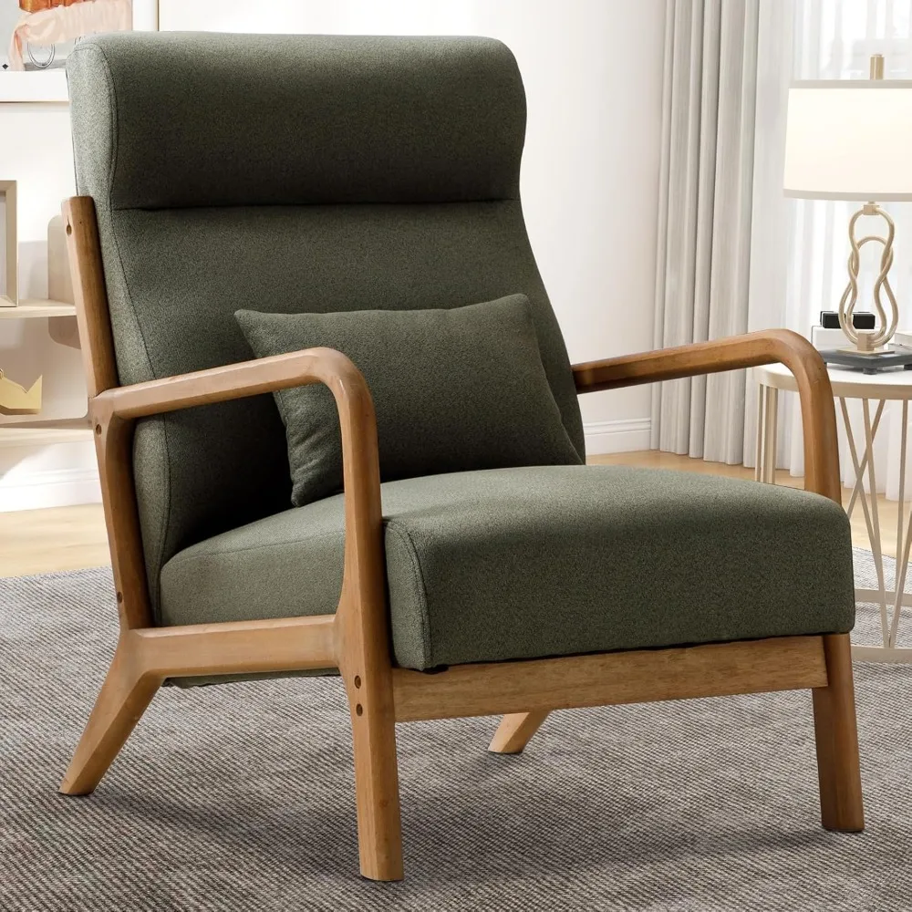 

Accent Chair Mid Century Modern Chair with High Back, Armchair Living Room Chairs with Solid Wood Frame Comfy Upholstered