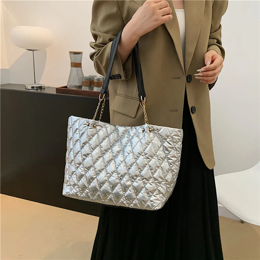 Large Capacity Women Tote Handbags Fashion Diamond Plaid Pu Leather Commuter Shoulder Bags Female Luxury Chain Underarm Bag