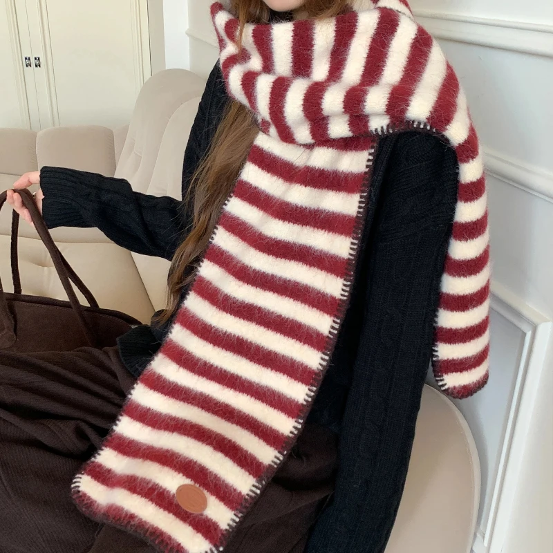 

Новый полосатый шарф для женщин, зимняя атмосфера, студенческий утолщенный шерстяной вязаный шарф, защита шеи, морозостойкость, тепло