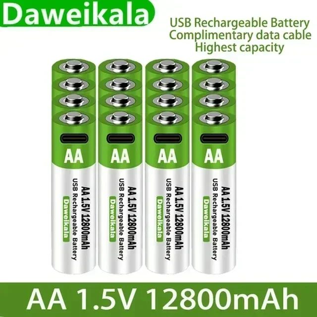 

2024 New 1.5V AA USB Rechargeable Battery 12800 mAh Li-ion Battery for Remote Control Mouse Electric Toy Battery + Type-C Cable