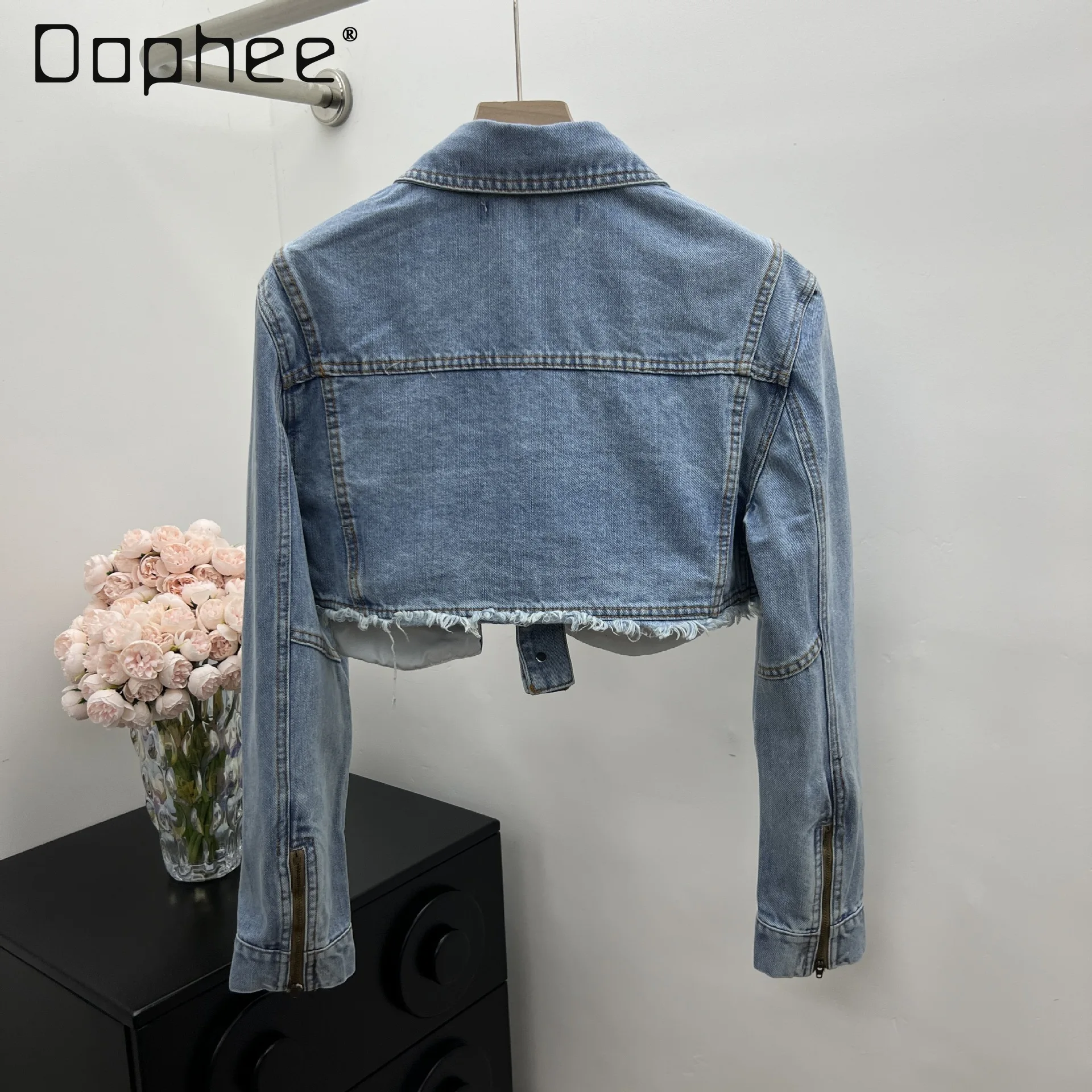 American Street Old Washed Denim Jacket Punk Style Retro Irregular Pocket Rough Edge Short Coat Sweet Cool Girl Jean Jacket