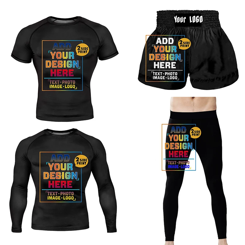 Design your own long sleeve compression training top, leggings MMA fight shorts Brazilian Jiu-Jitsu fight Muay Thai shorts