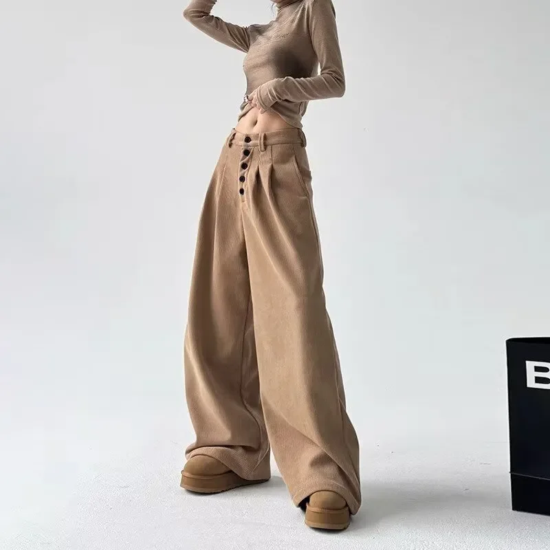 American Retro High Waist Single Button Trousers Women's Clothing Wide Leg Fashionable Pleated Loose Basic Straight Casual Pants