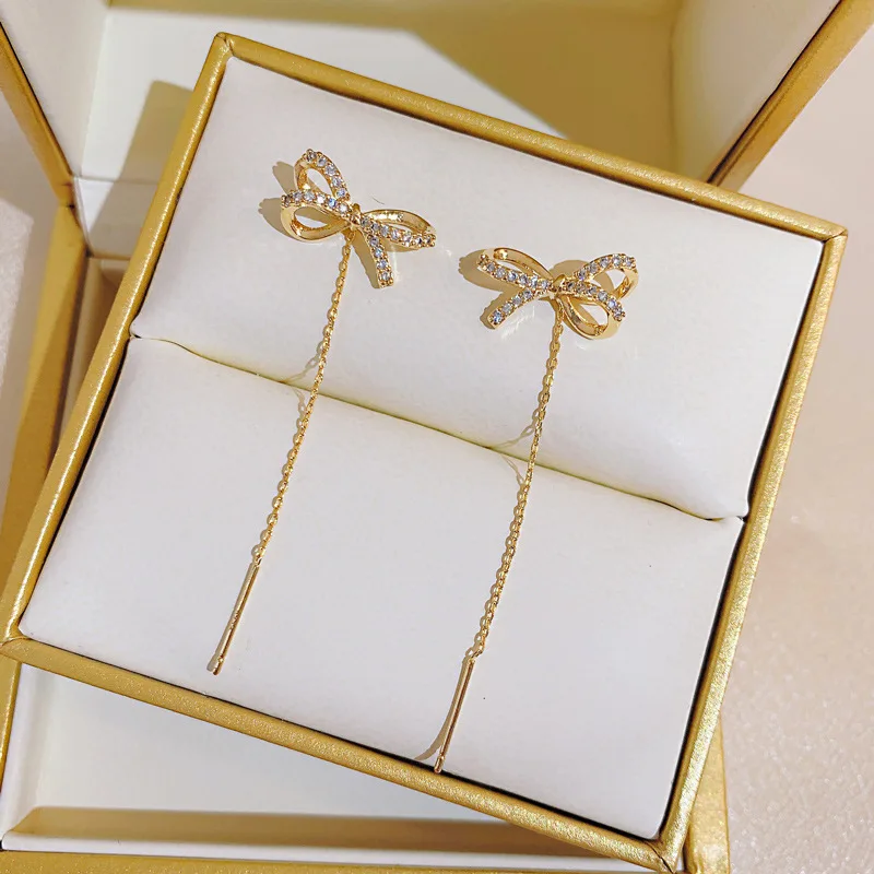 Koreański trend musujące cyrkonie Bowknot długie kolczyki z frędzlami dla kobiet elegancki kryształowy kwiat motyl wiszący kolczyk biżuteria — zdjęcie 3