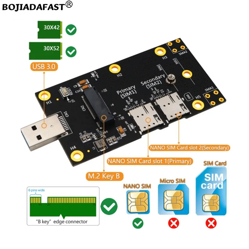 USB 3.0 포트 NGFF M.2 B 키 무선 모듈 어댑터 카드, 2 나노 SIM 슬롯, 3042 3052 5G 4G WWAN LTE GSM 모뎀용