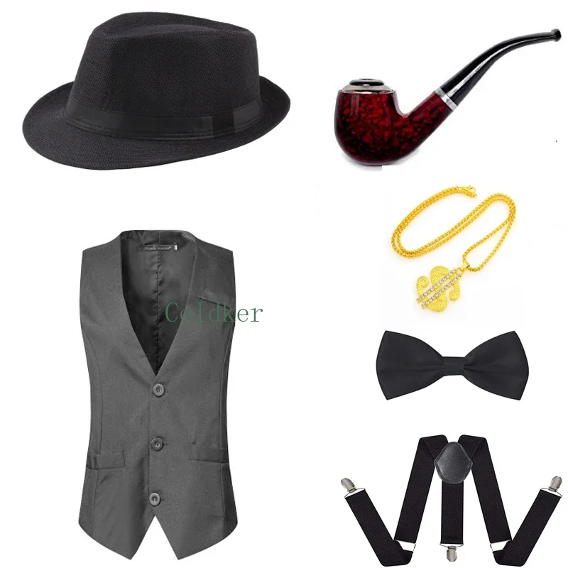 Ensemble d'accessoires en gel de gangster de testostérone pour hommes, Fedora Manhattan des années 30, chapeau, bretelles, gilet, cravate, accessoire de fête, années 1920