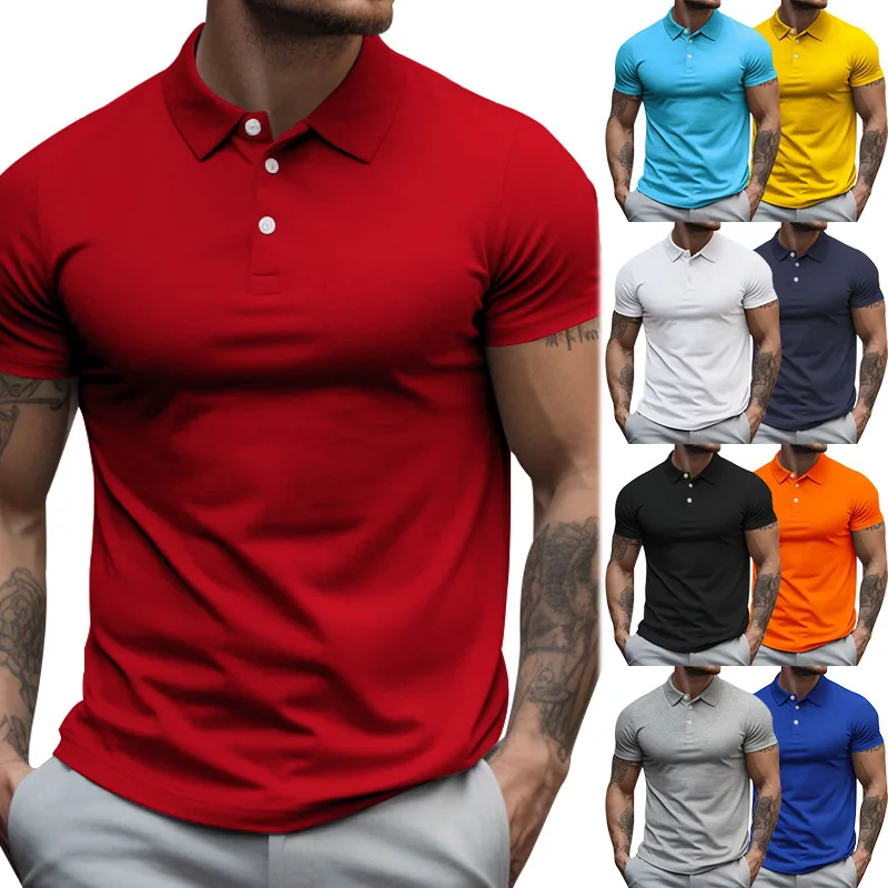 Summer Men's Solid Color Loose Polo Shirt Short Sleeve Lapel Button T-shirts for Men Casual Streetwear Lightweight Jogging Tops
