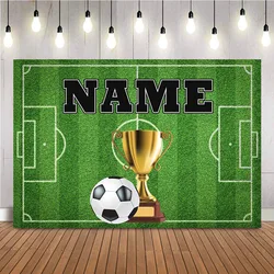 Fondo de fútbol con nombre personalizado, trofeo dorado, fondo para fotomatón, cumpleaños de niño, campo de fútbol, póster deportivo, pancarta para Baby Shower