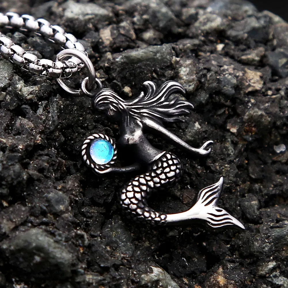 Collier pendentif sirène océanique en acier inoxydable, étanche, antirouille, bijoux de mode pour femmes, cadeaux pour couples, voyages, fêtes