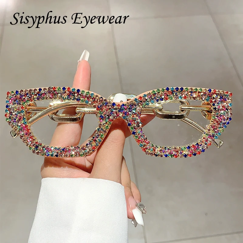 Luxury Diamond Rhinestone Vintage Brand Designer Sunglasses Women for Female Sun Glasses Punk Popular Chain Party Shades Uv400