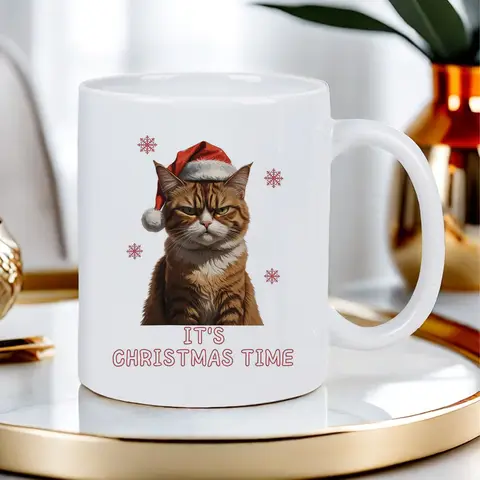 Festive Feline Ceramic Mug with Grumpy British Shorthair & Santa Hat - Tabby Design, "It's Christmas Time" Snowflake Print, Dish