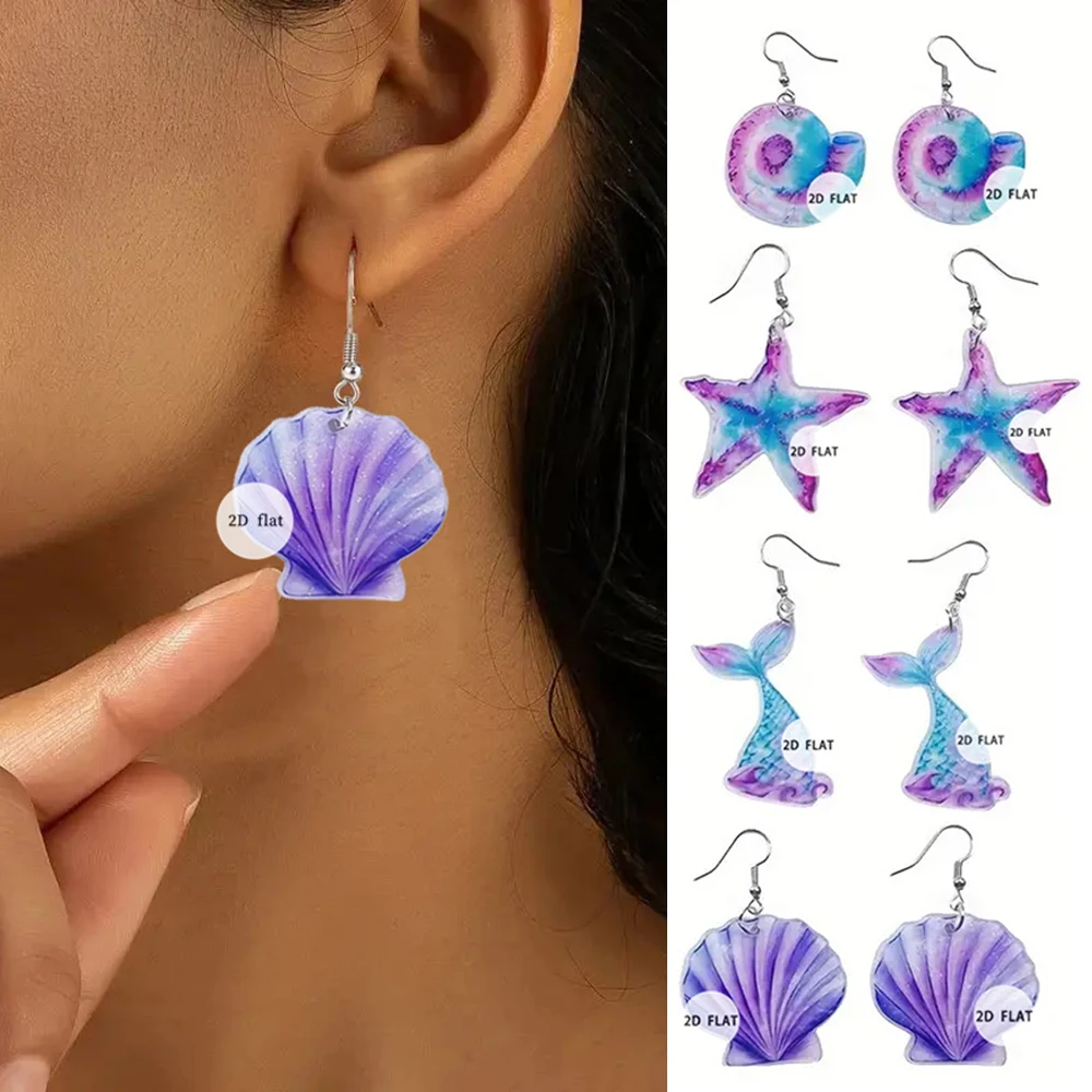Ocean Series Blue-Purple Earrings Summer Beach Mermaid Starfish Earrings for Women Bohemia Dangle Earrings Vacation Jewelry
