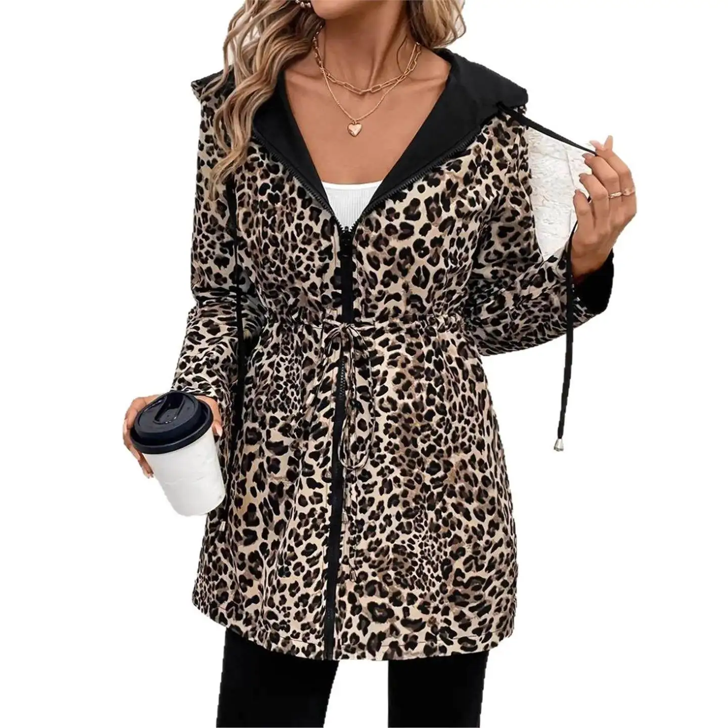Sudadera larga informal con estampado de leopardo Jaet y cremallera con capucha de doble cara para mujer con cinturón corte holgado europeo Sle