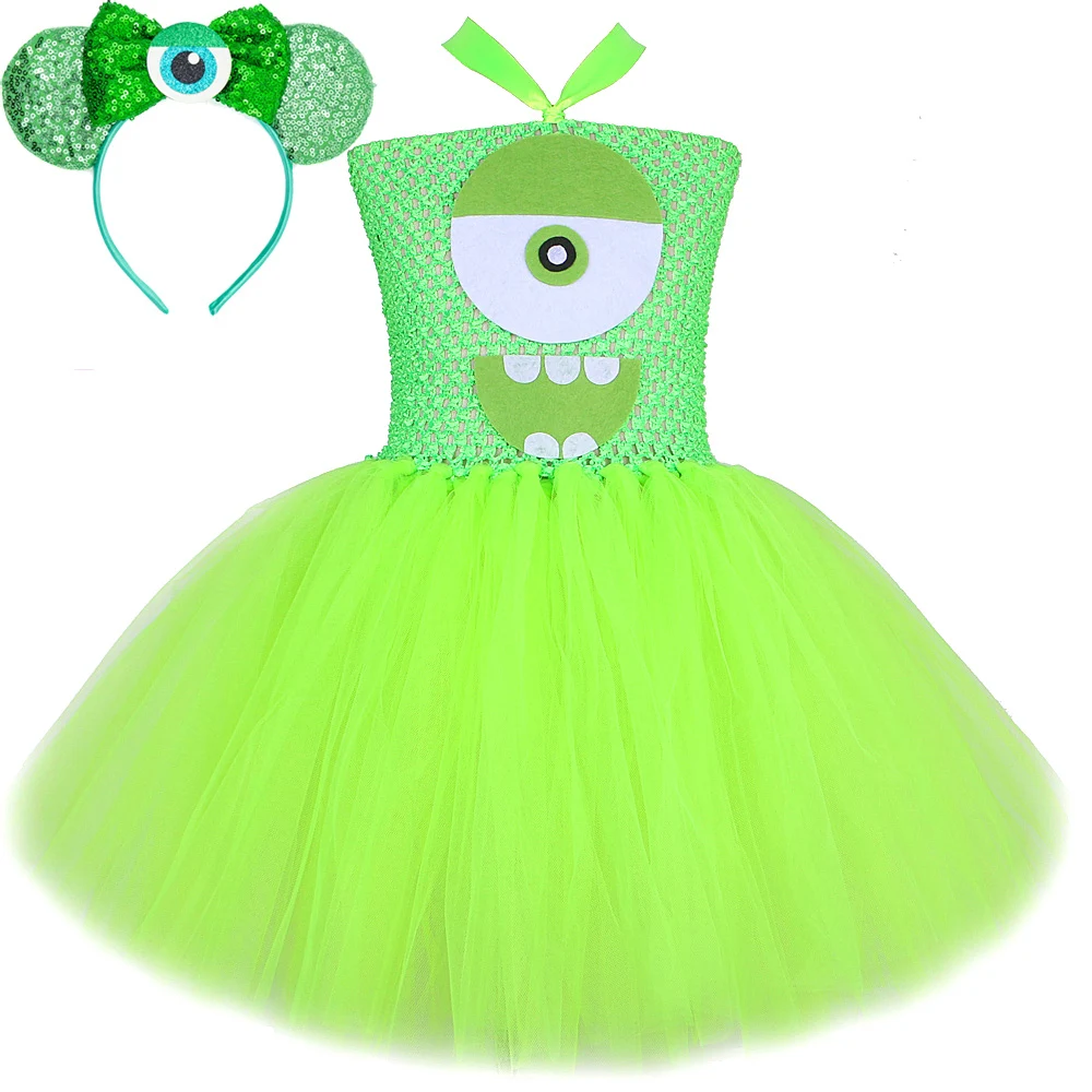 Green Big Eyed Monster Tutu Dress for Girls Mike Wazowski Halloween Costumes for Kids Baby Mr. Q Cartoon Outfit Birthday Clothes