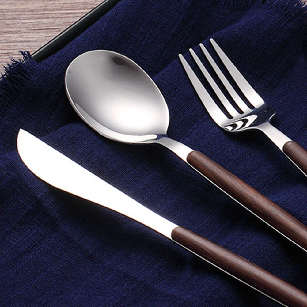 

4Pcs Stainless Steel Fork Spoon Set Walnut Handle Compact Mirror Polished Dinnerware Kit Reusable Safe for Travel