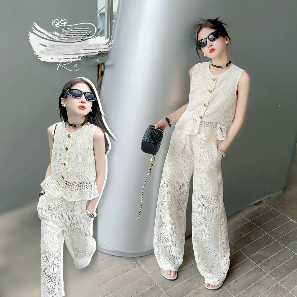 

summer junior girls clothes set Sleeveless vest+wide leg pants 2pcs junior girl Lace hook flower hollowed out suit child outfits