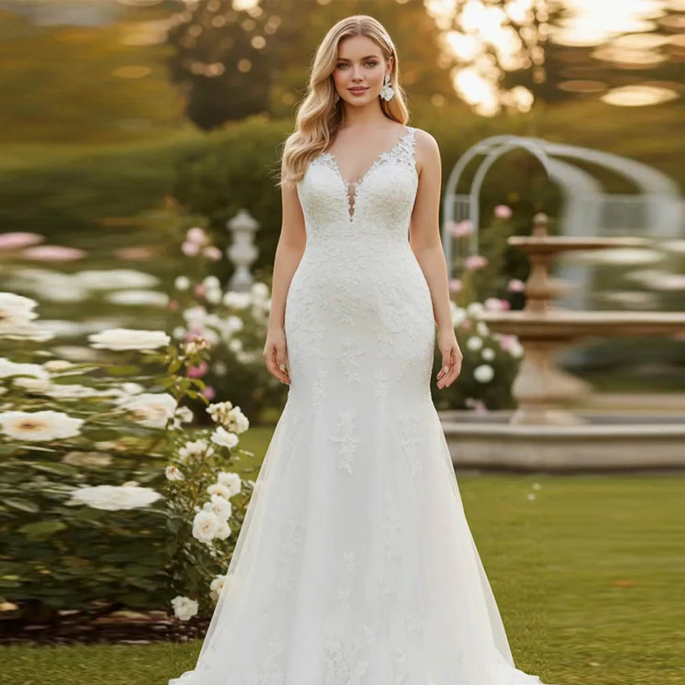 Plus Size Wedding Dresses For Bride V-neck Spaghetti Strap Mermaid Bridal Gowns Sleeveless Applique Brides dress Customized