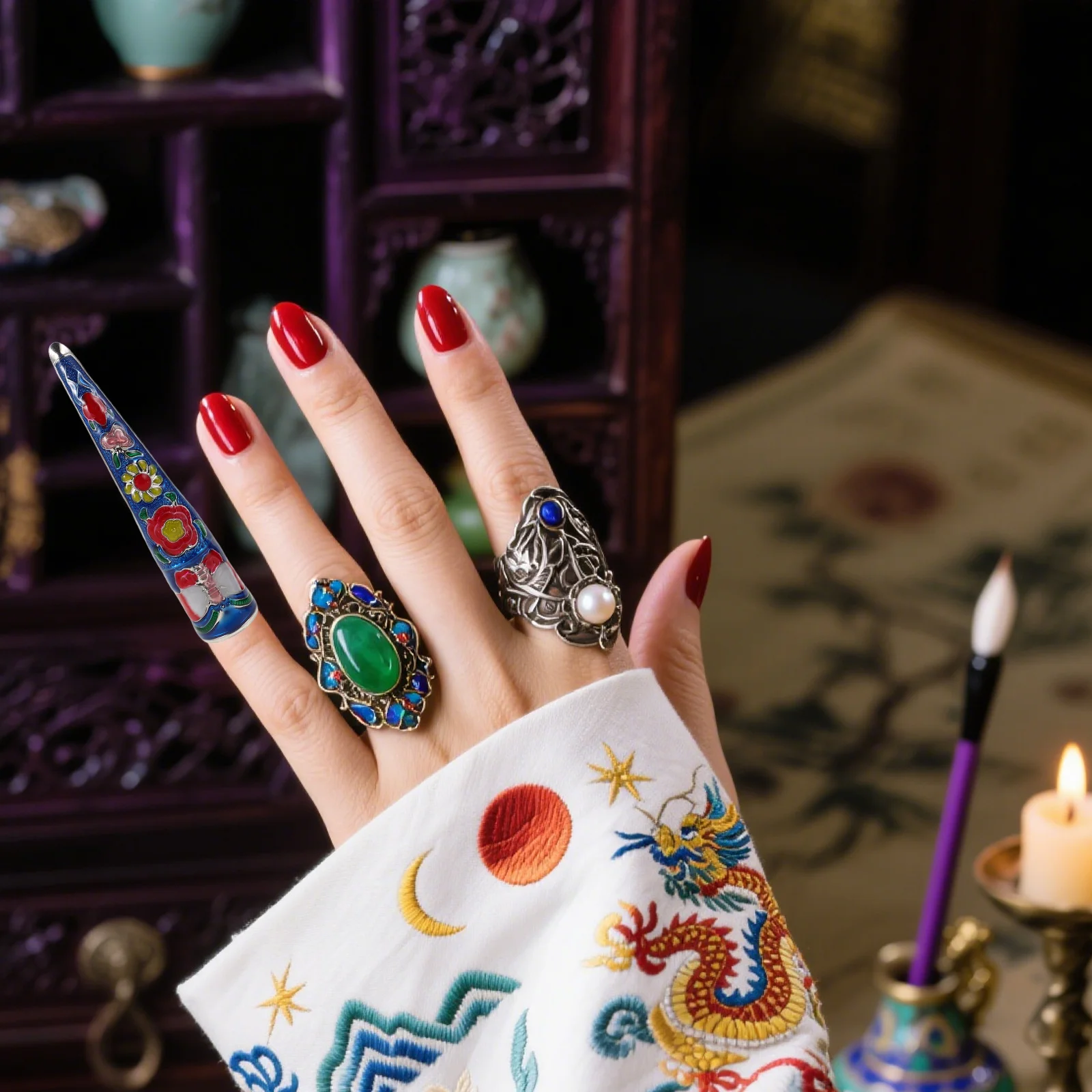 

2 шт. древняя королева, когти на кончиках пальцев, дворцовый стиль, съемные накладные ногти, косплей, танцевальный маскарад, кольца на кончиках ногтей на Хэллоуин