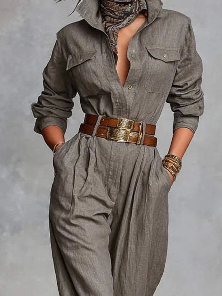 

Женский модный однотонный комбинезон на пуговицах для вечеринок, повседневный свободный комбинезон-карго с длинными рукавами и карманами, элегантный уличный длинный комбинезон с воротником с лацканами