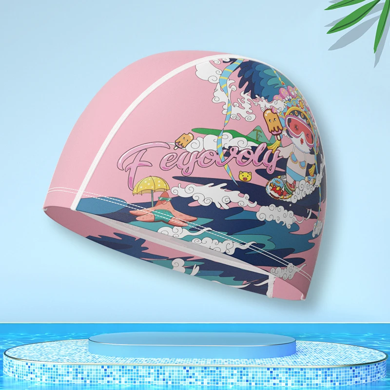 

Baby Girls Swimming Pool Caps Flowers Printed Elastic Fabric Nylon Water Sport Swim Bathing Caps Hat for Kids 3-12 Years Old