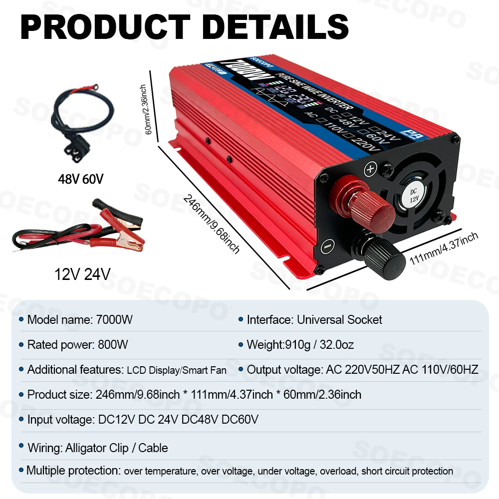 SOECOPO Inwerter 12V na 110V 7000W Czysta Fala Sinusoidalna Inwerter Solarny DC 12V/24V/48V/60V na AC 110V/220V Dom Kemping RV