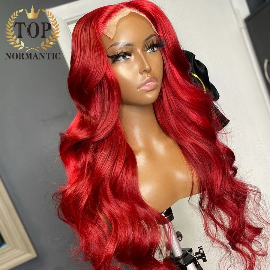 Topnormantic-peluca ondulada de Color rojo para mujer, postizo de encaje frontal 13x6, pelo humano indio Remy con pelo de bebé