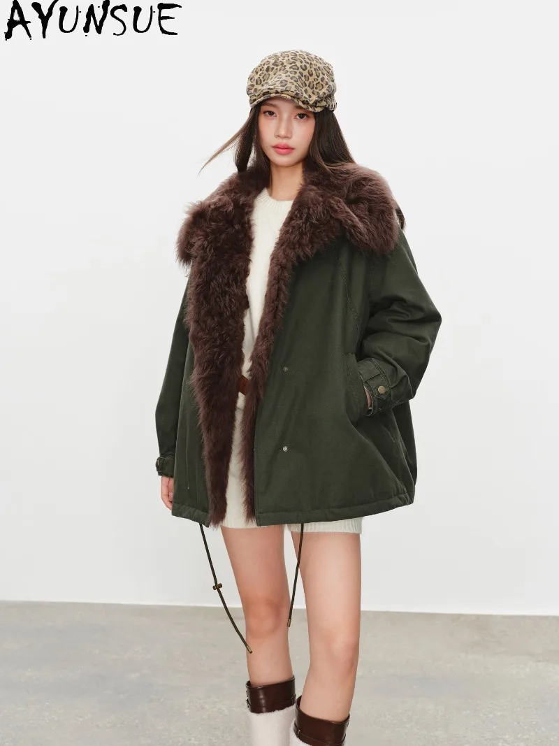 AYUSNUE Womens Toka Shearling Reversible Lapel Parka 95% White Goose Down Coat Vintage Ladies Warm Fur Winter Outerwear Fashion