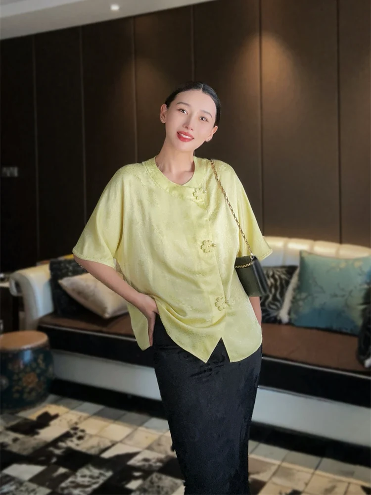 

Модная женская рубашка из шелка с цветочным принтом в стиле ретро, с пуговицами ручной работы, универсальная летняя рубашка Fanyoo в китайском стиле, свободного кроя, с коротким рукавом