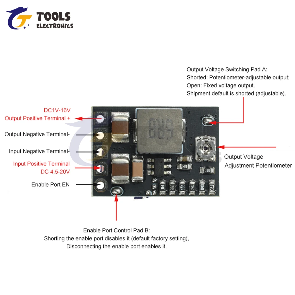 

DC-DC Adjustable Buck Converter Module 4.5V-20V to 1-16V/1.8V/2.5V/3.3V/5V/9V/12V Fixed Output, 2A 10W with Enable Pin