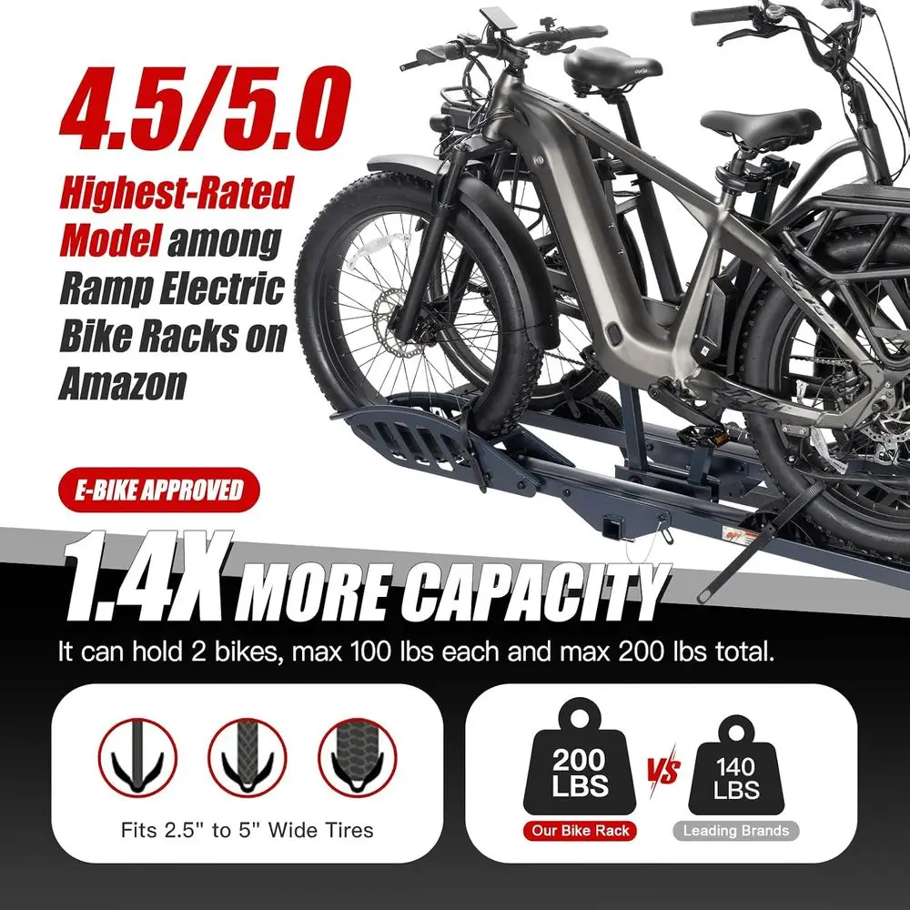 2-Bike Electric Bike Carrier, 200 lb Capacity, Foldable Platform Mount for Cars, Trucks, SUVs, and RVs with 2 Receiver Hitch, Su