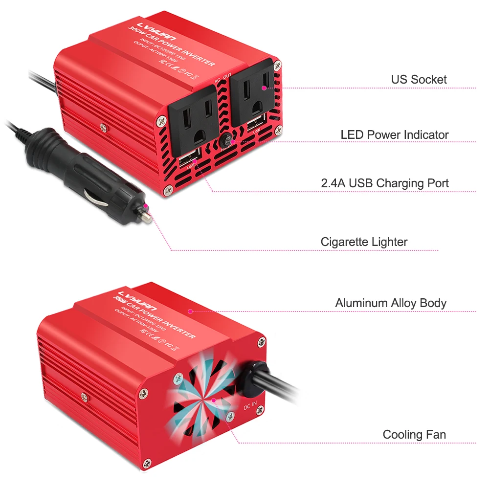 300W Car Power Inverter 12V to 110V Cigarette Lighter Plug100V Voltage Converter USB US Socket Auto Accessories