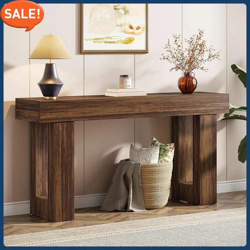 

63-Inch Wooden Console Table, Rectangular Sofa Table for Living Room, Farmhouse Entryway Table