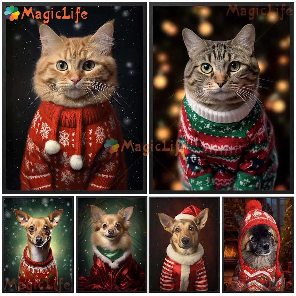

Custom Cat Pet Portrait Animals Dog Poster Christmas Gift Wall Art Canvas Painting Wall Pictures For Living Room Unframed