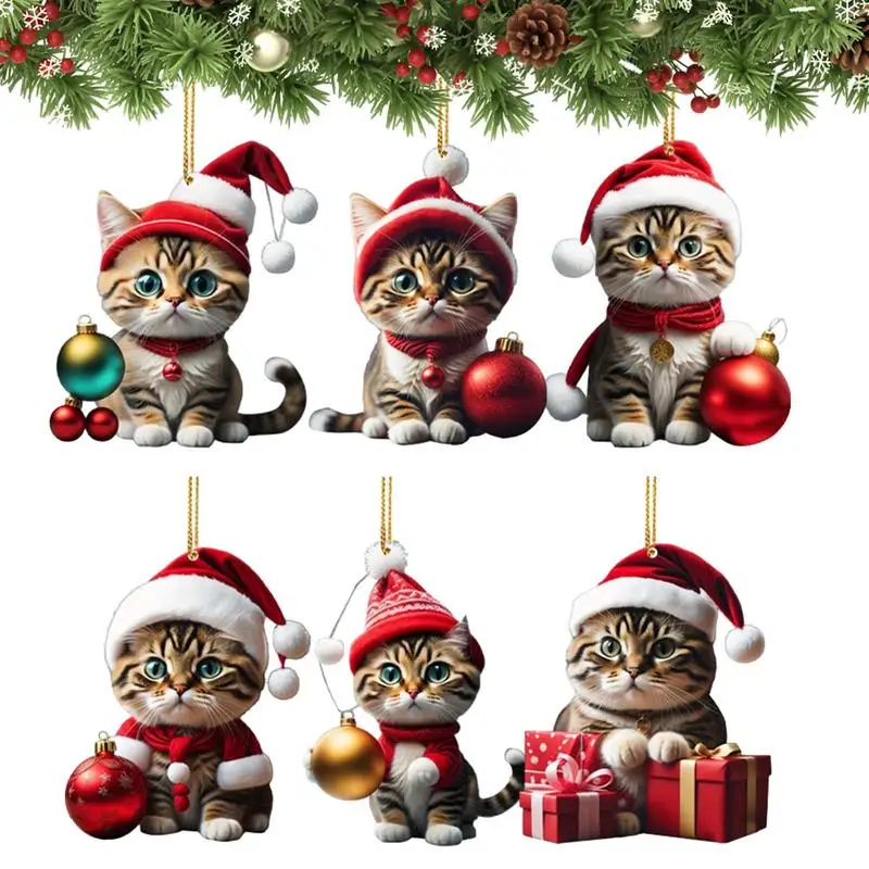 

Christmas Cat Ornament 2D Flat Acrylic Cats With Santa Hat Pendant Cute Cartoon Cats Ball Ornament Xmas Tree Hanging Decor 6/7pc