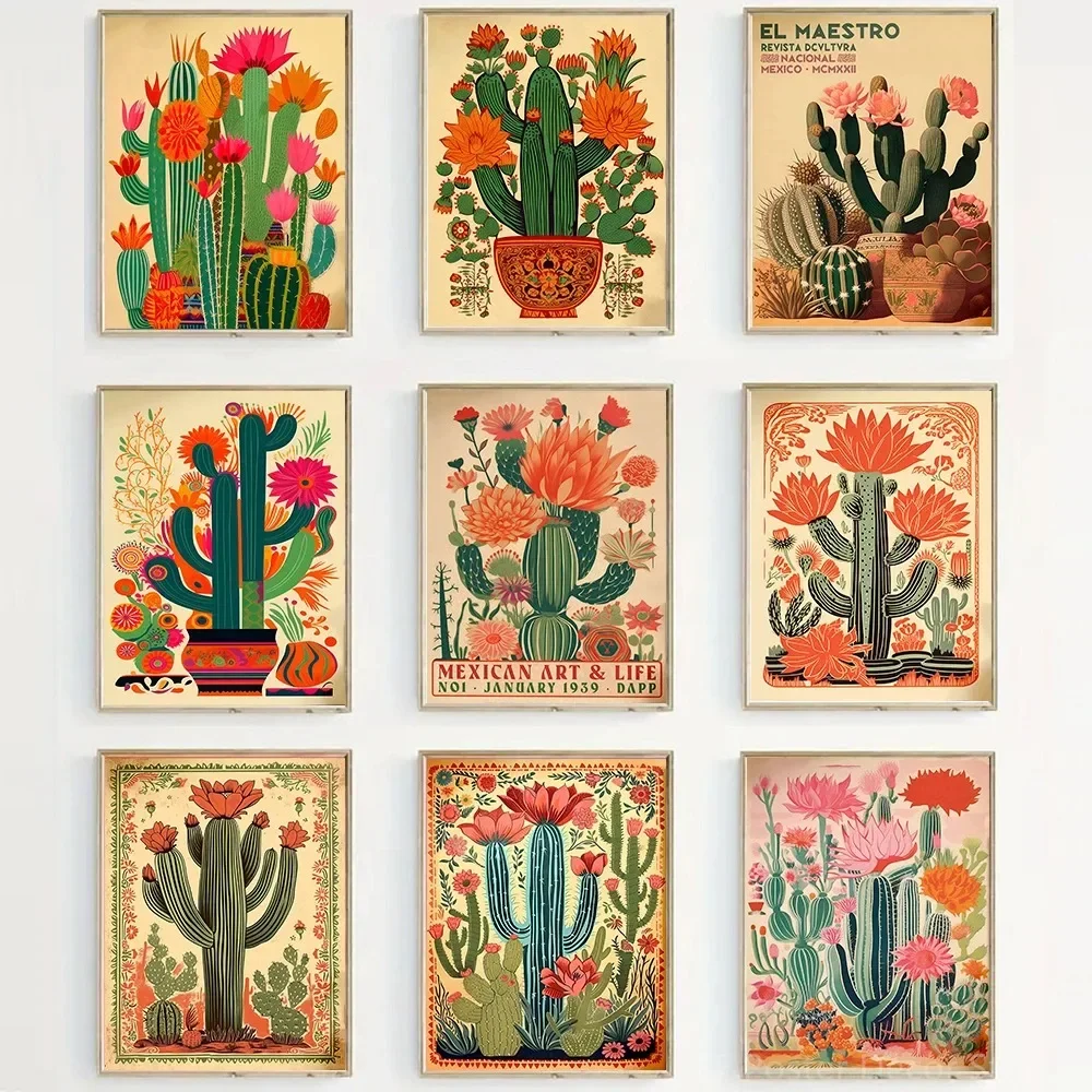 Classic Retro Mexican Cactus Poster Canvas Decoration Painting Flower Aesthetics Color Art Room Home Decoration Wall Art
