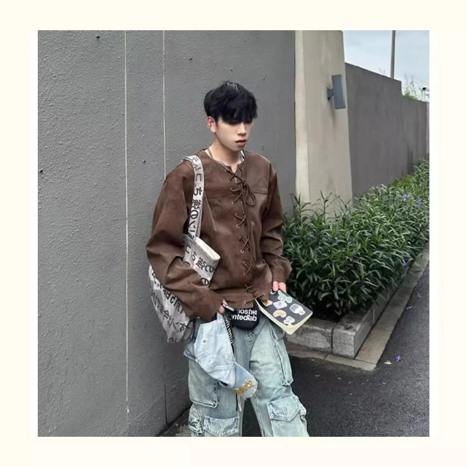 

Мужская кожаная куртка большого размера на осень-зиму, с дизайном на шнуровке, стильная верхняя одежда Haome, из полиэфирного волокна, стандартной длины, в стиле бейсбольной куртки...