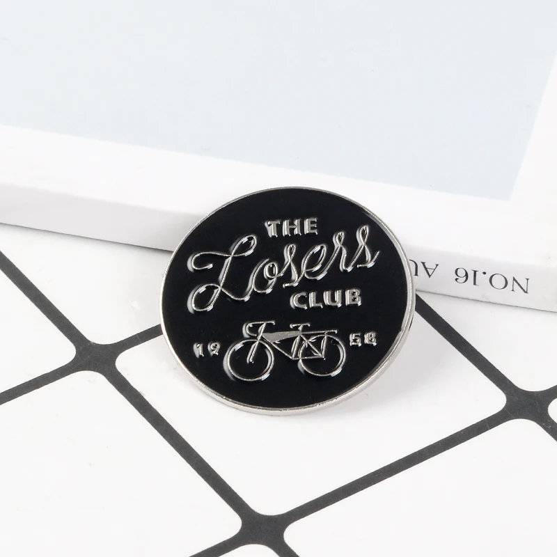 We All Float Down Here Loser Club Stephen King Pennywise Black Round Enamel Badge Lapel Pin Brooches For Backpack Accessories
